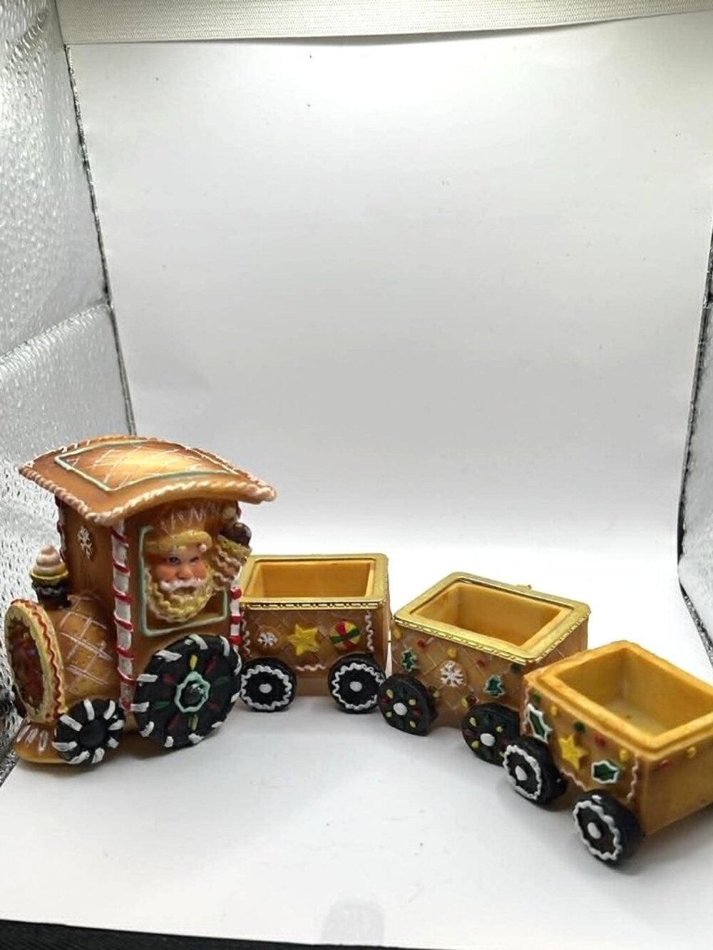 Gingerbread Resin Christmas Train Set • Santa Locomotive + 3 Cars • Holiday Deco